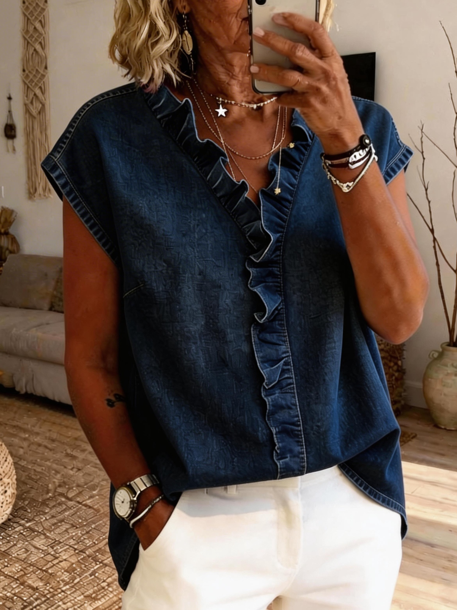 Women's Casual Sleeveless Ruffled Washed Cotton Denim Top