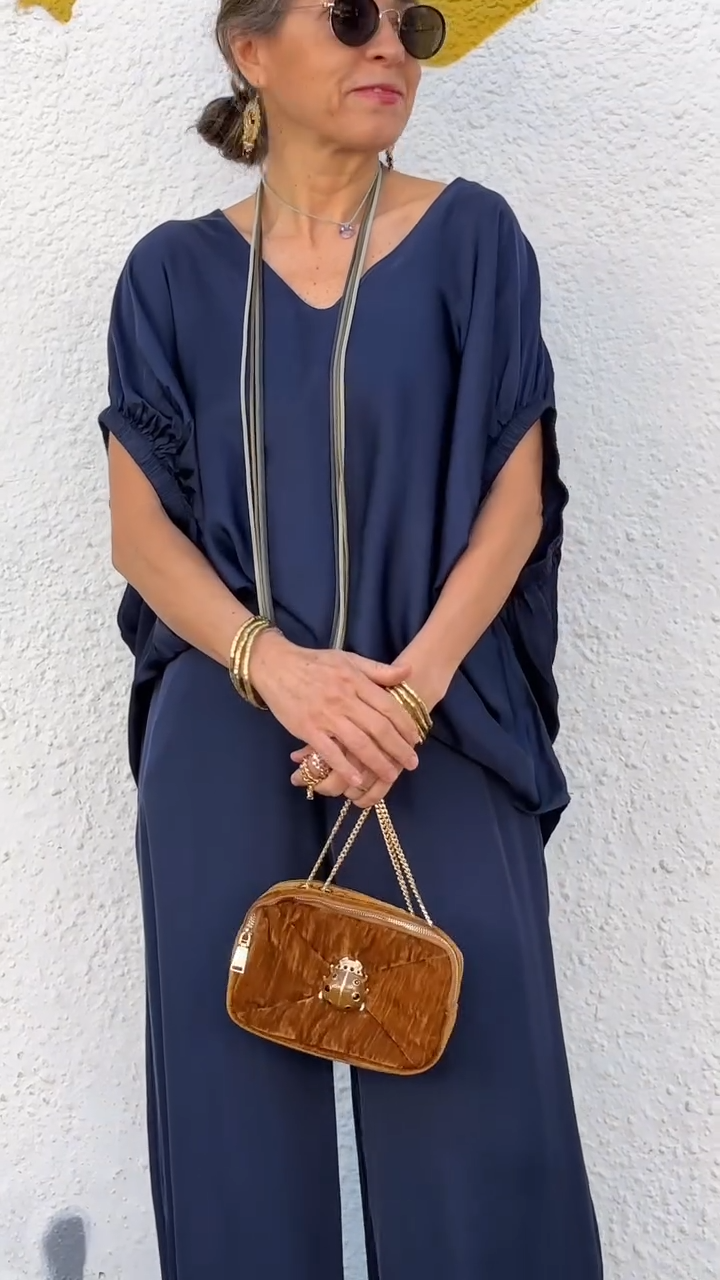 Oversized Satin V-Neck Top & Wide-Leg Pants Two-Piece Set