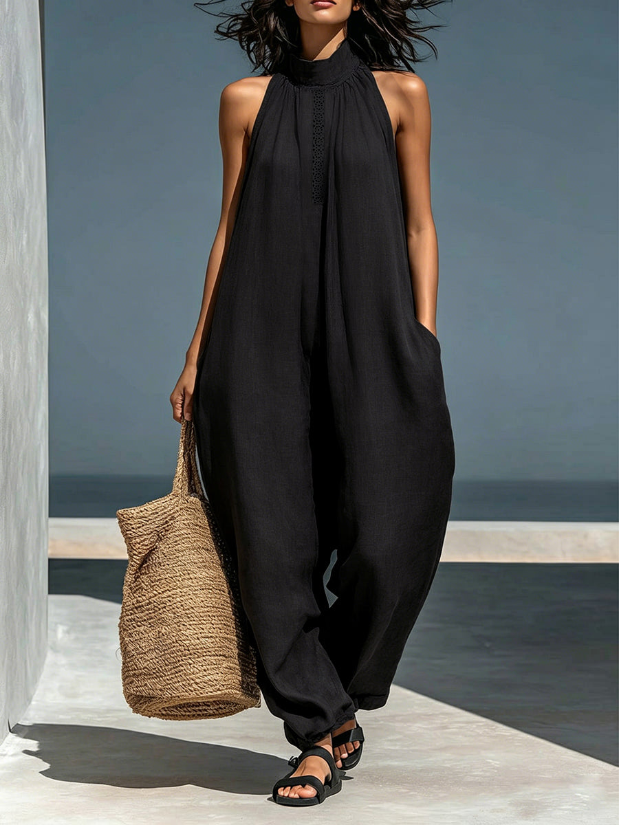 Loose Sleeveless Hollow Pockets Solid Color Mock Neck Jumpsuits