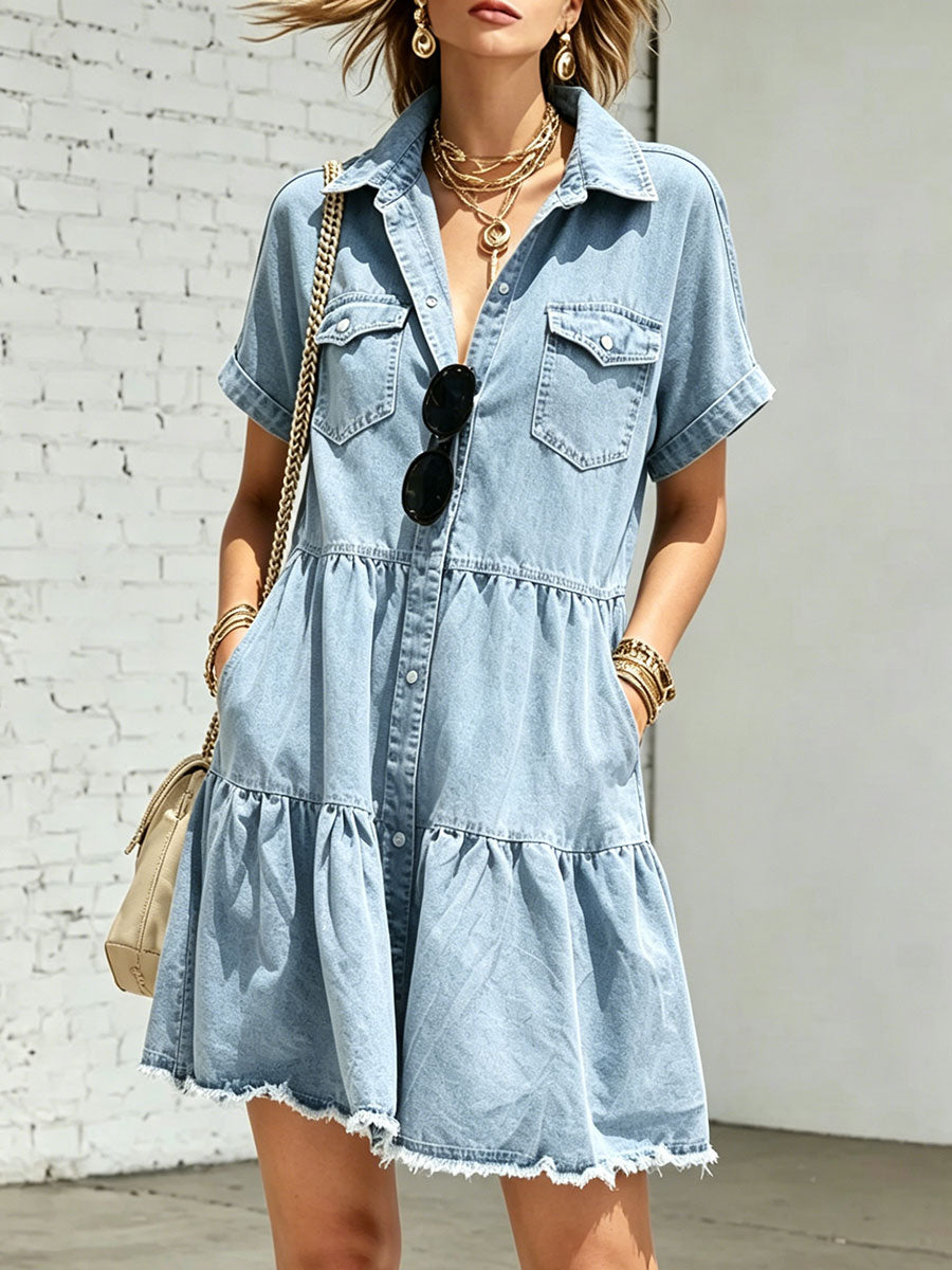 Women's Short-sleeve Collared Casual Denim Dress