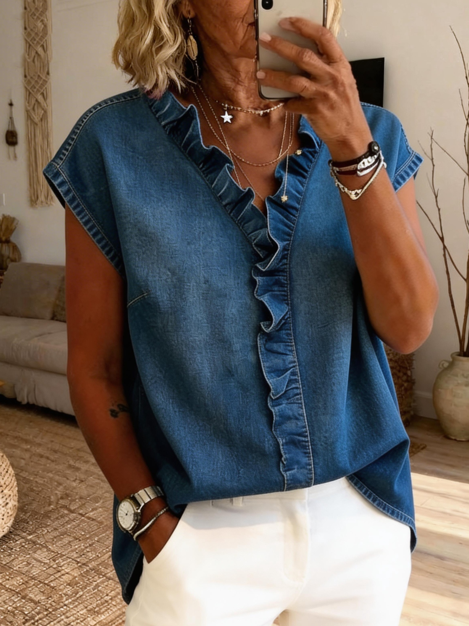 Women's Casual Sleeveless Ruffled Washed Cotton Denim Top