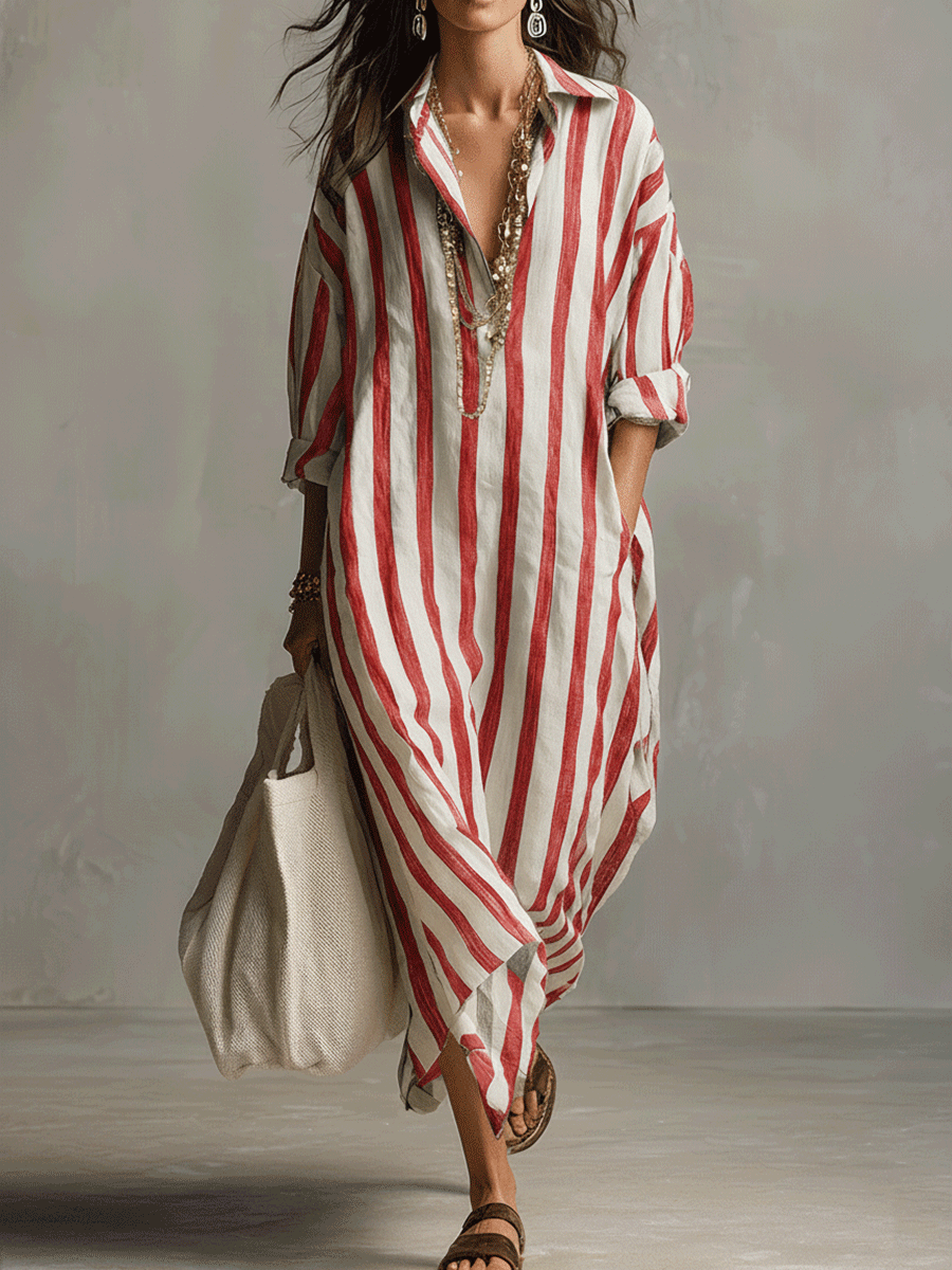 🛒  Casual Striped Shirt Bohemian Style Maxi Dress🎁 Buy 2 Free Shipping!