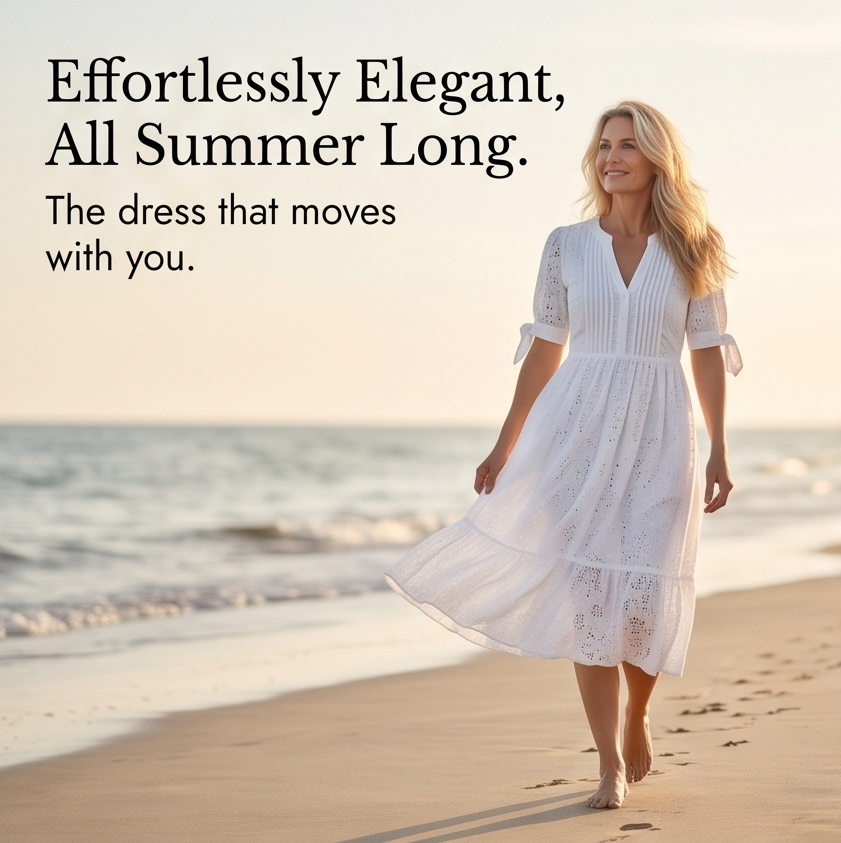 –Eyelet Midi Dress with Tie-Bow Sleeves