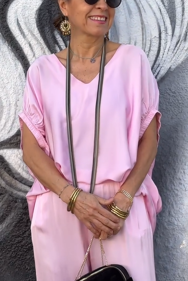 Oversized Satin V-Neck Top & Wide-Leg Pants Two-Piece Set