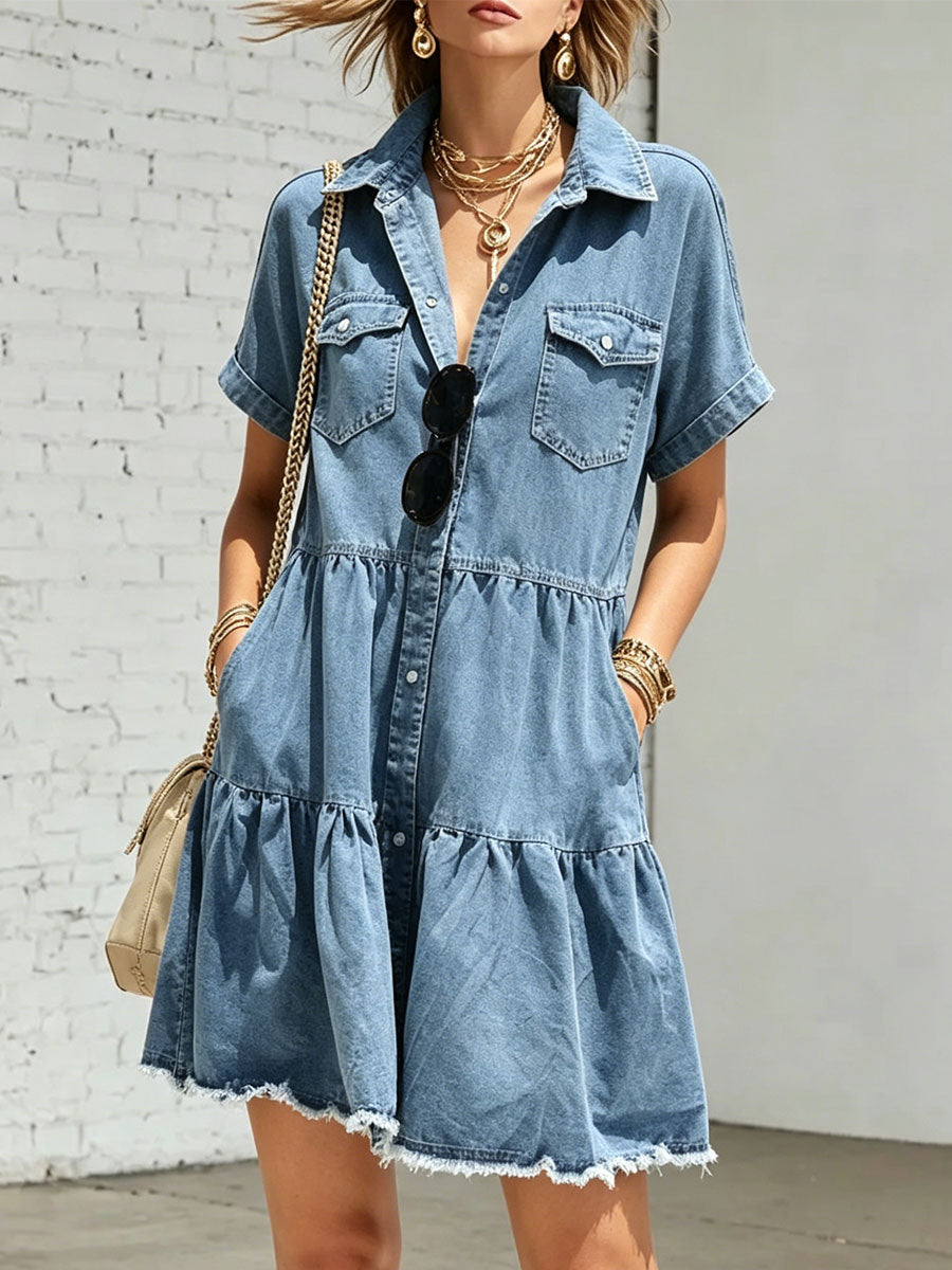 Women's Short-sleeve Collared Casual Denim Dress