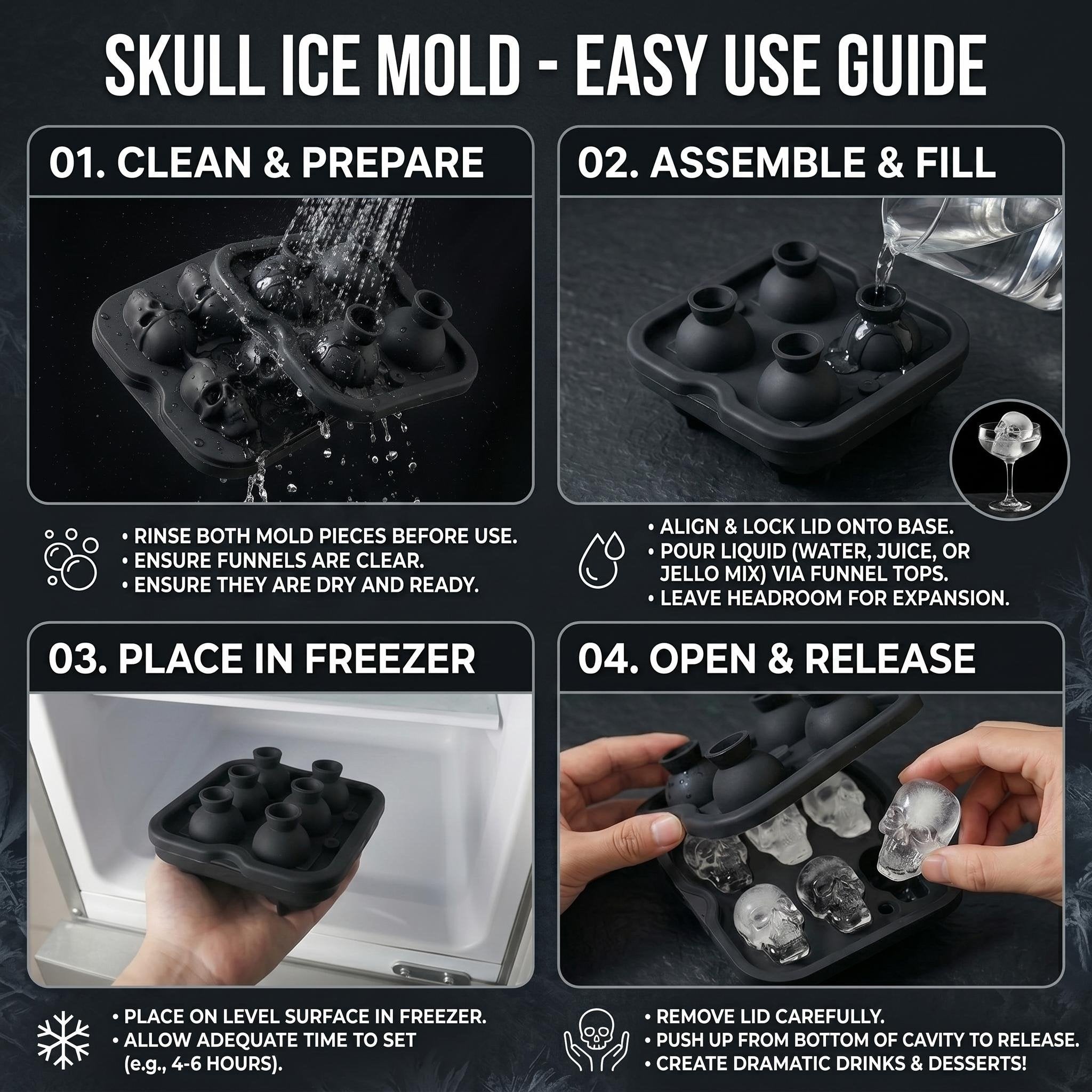 💀Skull Frozen Cubes Molds Silicone Tray, BPA Free Halloween Skull Shaped Ice Maker for Whiskey, Cocktails, Soda & Party Drinks