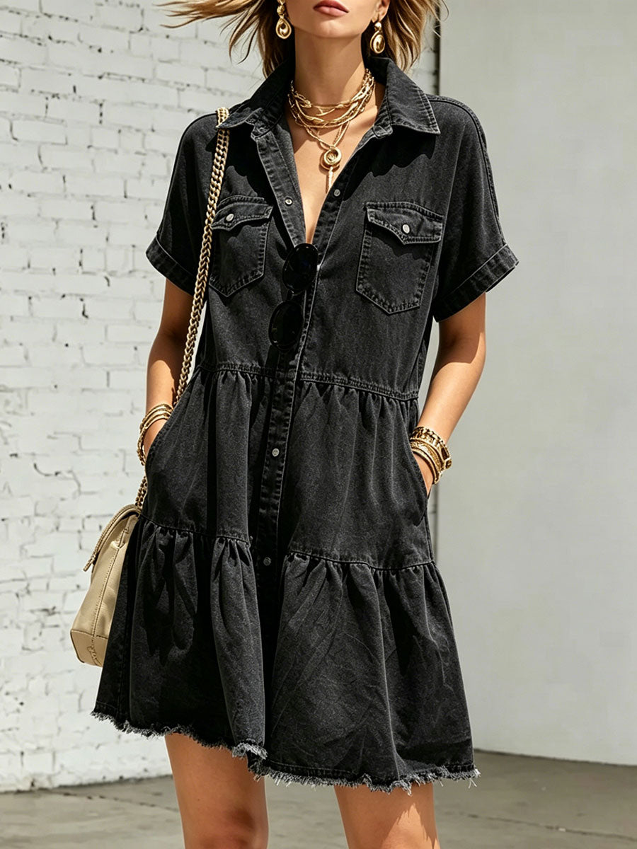Women's Short-sleeve Collared Casual Denim Dress