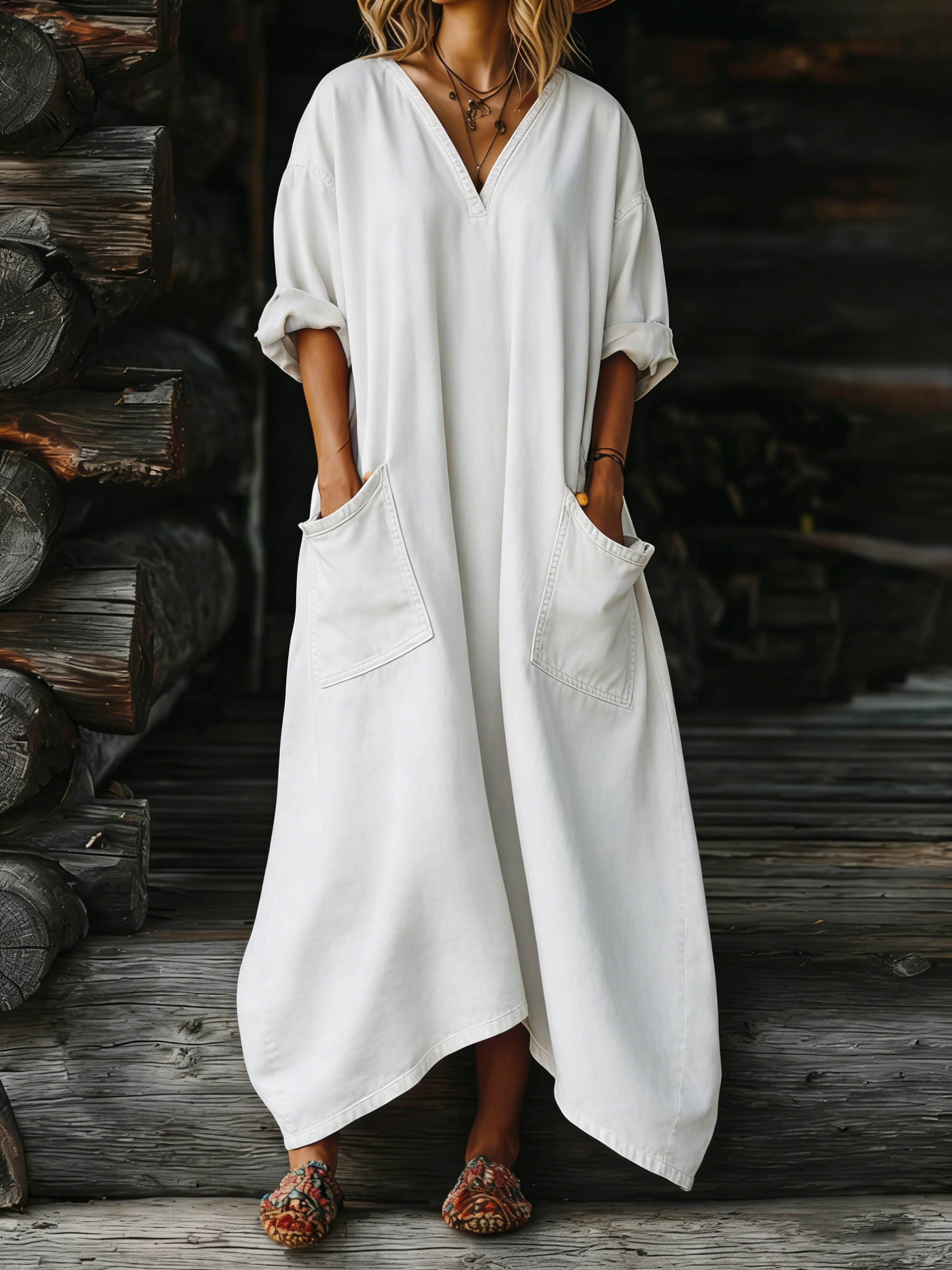 Women's Casual Long-sleeved V-neck Washed Cotton Denim Dress