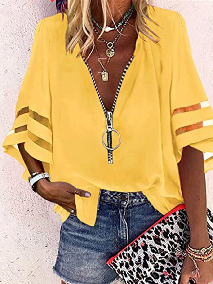 Loose Seven-Quarter Sleeves Hollow Solid Color Split-Joint Zipper Stand Collar Blouses&Shirts Tops