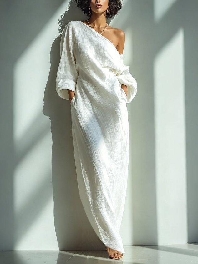 Casual Cotton Linen Maxi Dress Asymmetrical H-Line