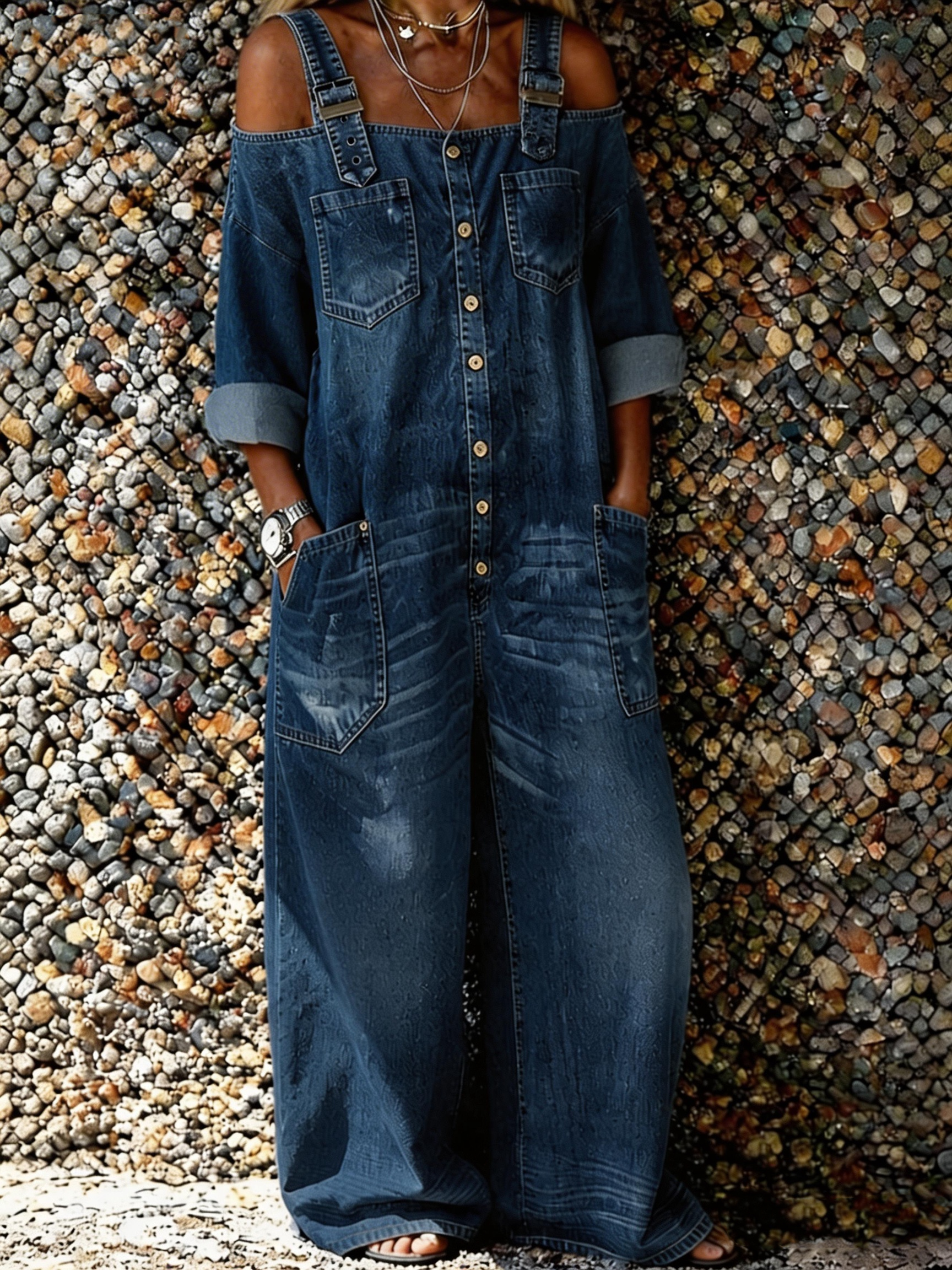 Women's Artistic Casual Long-sleeved Washed Cotton Denim Overalls Jumpsuit
