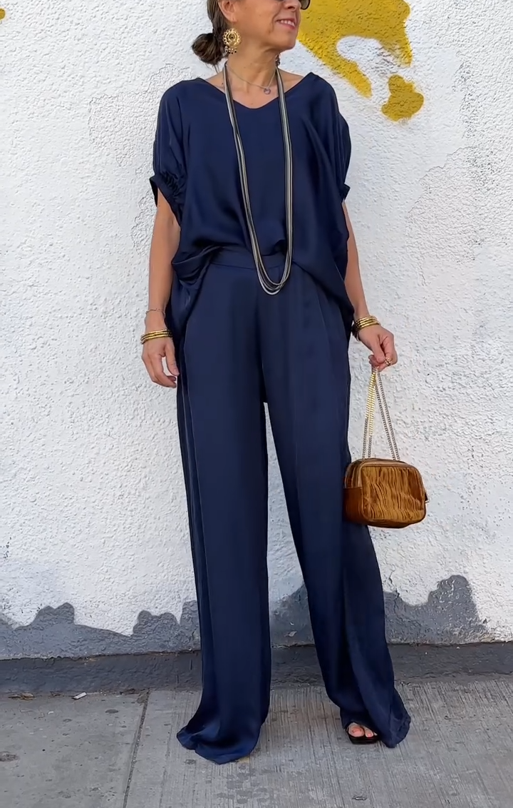 Oversized Satin V-Neck Top & Wide-Leg Pants Two-Piece Set