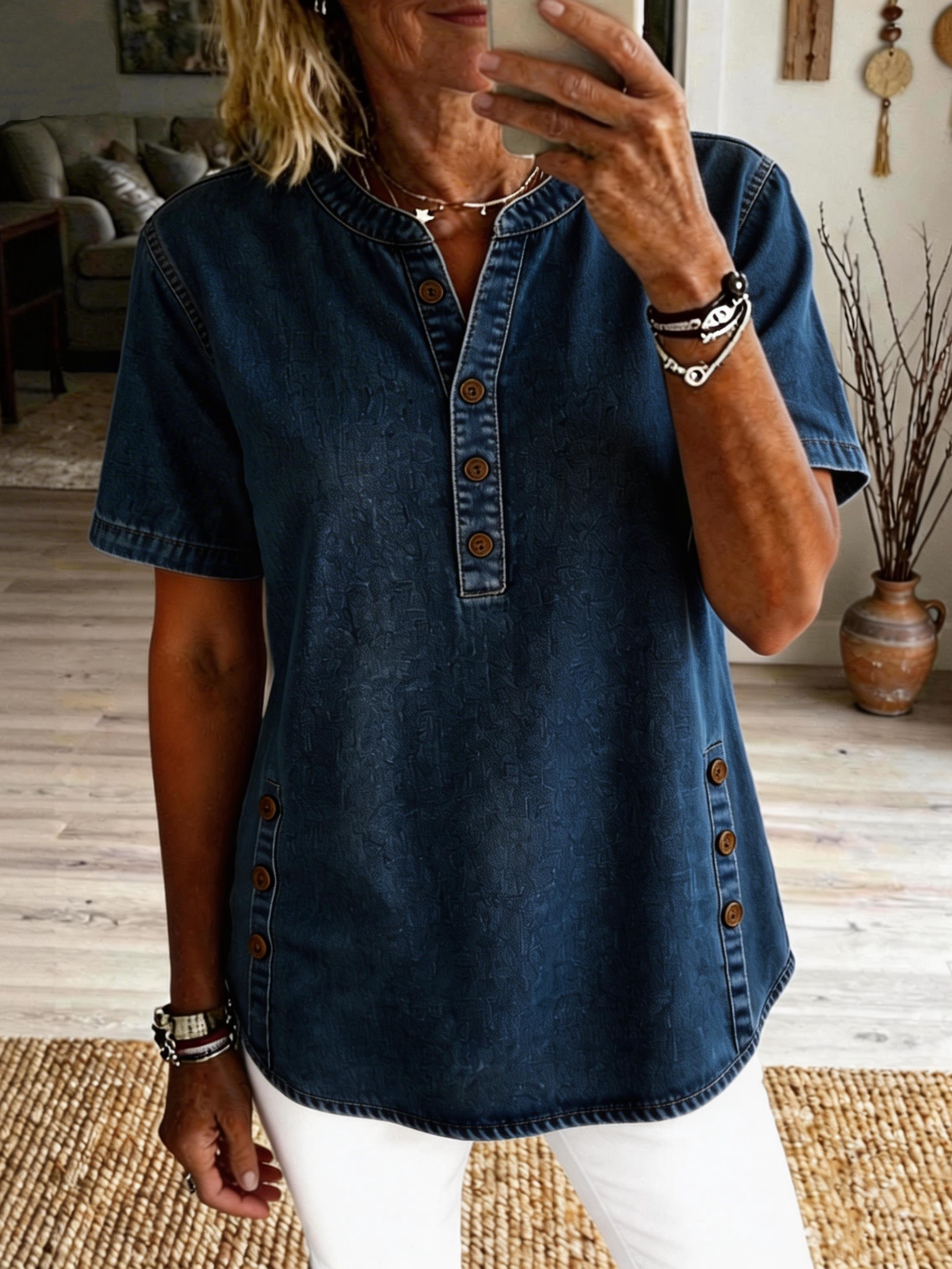 Women's Casual Short-sleeve Washed Cotton Denim Shirt