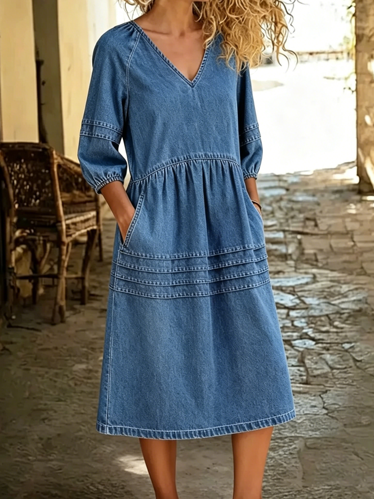 Women's Casual Three-quarter Sleeve V-neck Dress