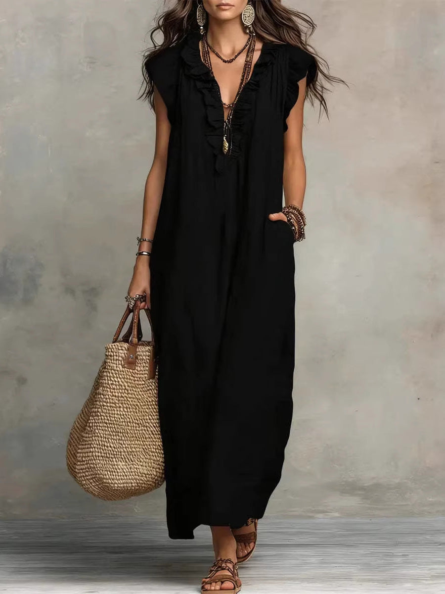 Loose Plus Size Pockets Ruffle Trim Solid Color V-Neck Maxi Dresses