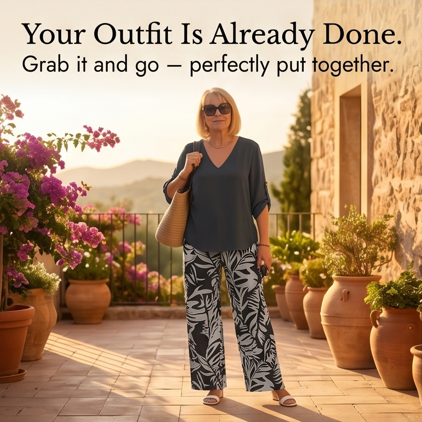 – Lark & Palm™ – V-Neck Top & Leaf-Print Wide-Leg Pants Set