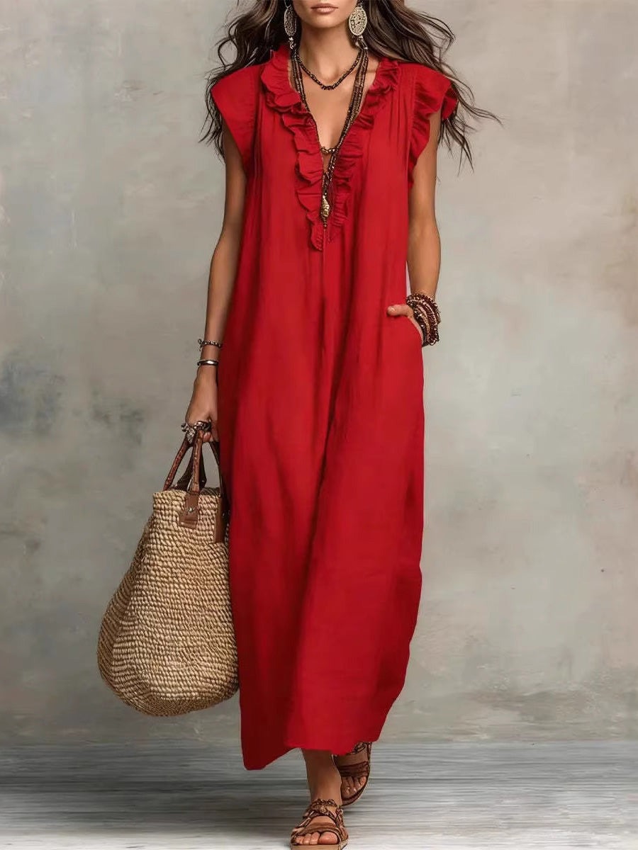 Loose Plus Size Pockets Ruffle Trim Solid Color V-Neck Maxi Dresses