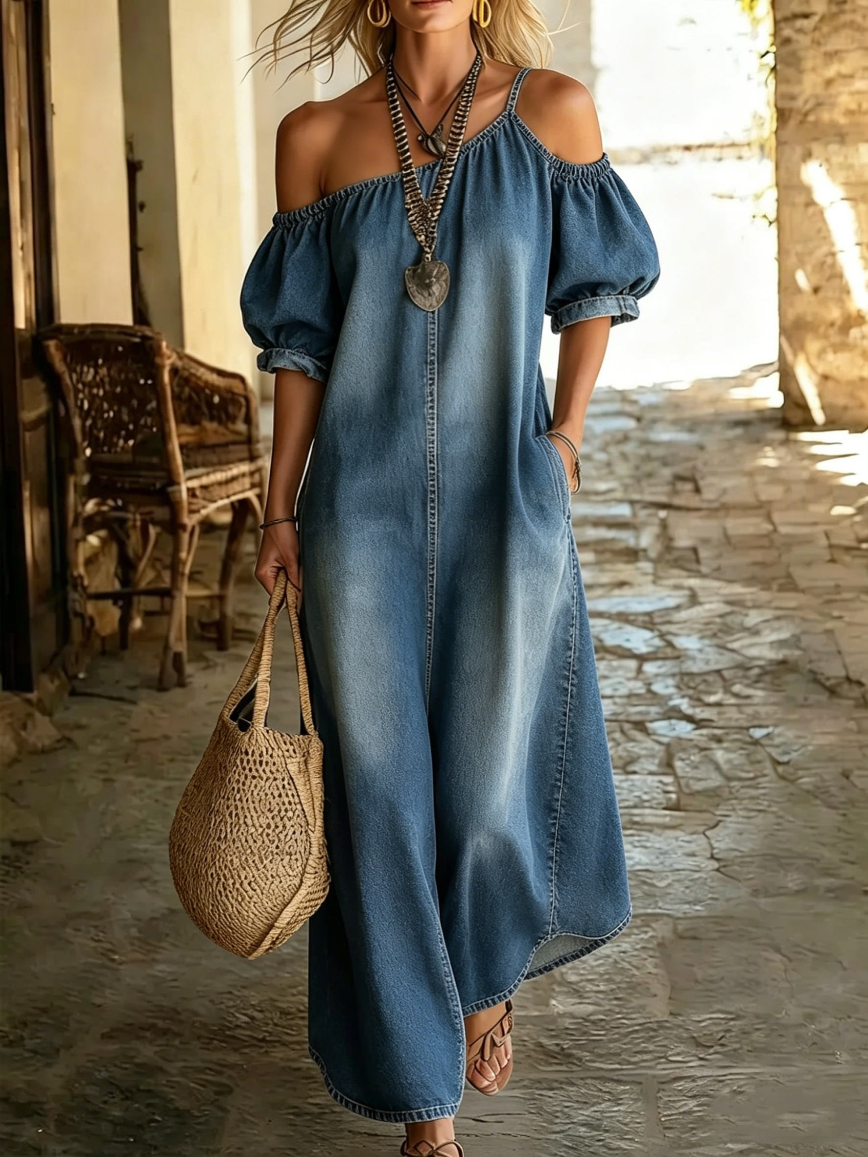 Women's Casual Puff Sleeve Thin Strap Dress