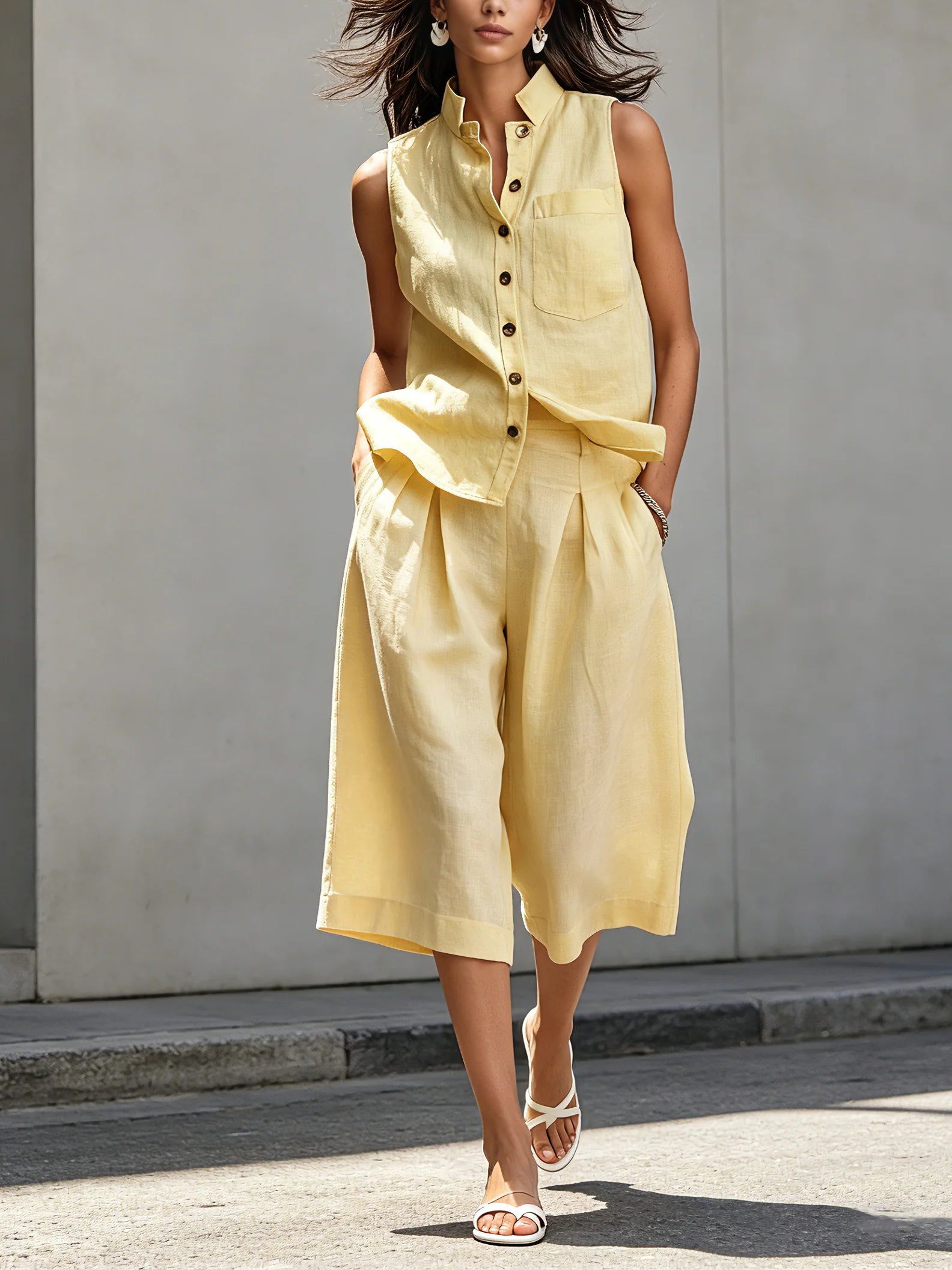 Women's Casual Sleeveless Simple Cotton Linen Shorts Set