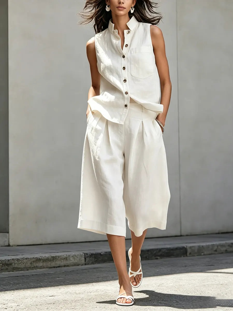 Women's Casual Sleeveless Simple Cotton Linen Shorts Set