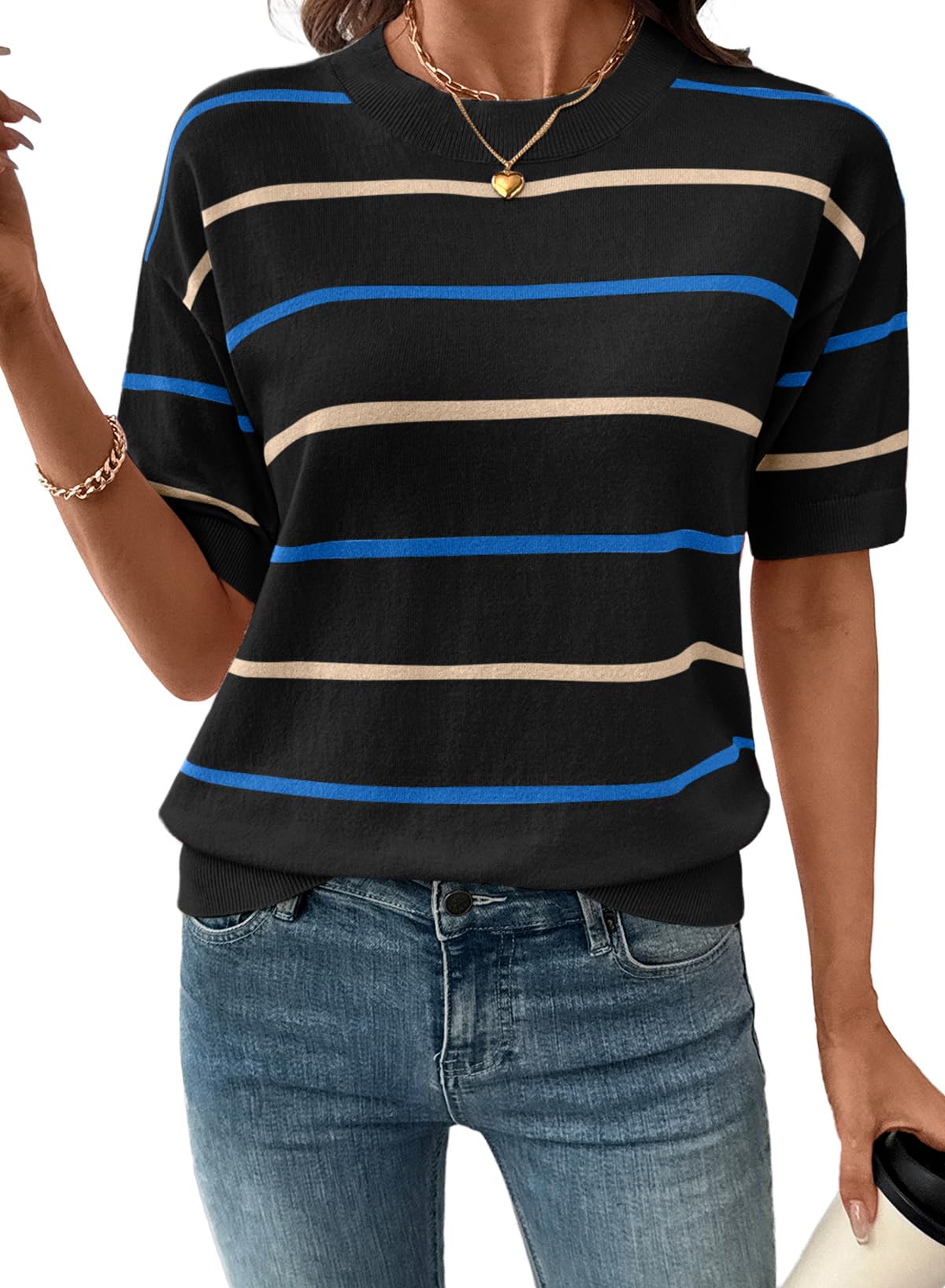 💐Limited Time:50%OFF🔥Women's  Crewneck Short Sleeve Knit Striped Tops