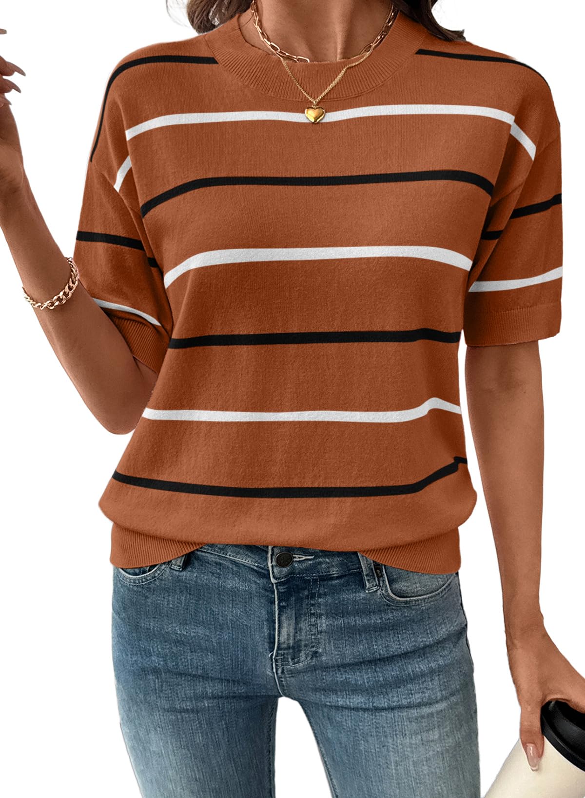 💐Limited Time:50%OFF🔥Women's  Crewneck Short Sleeve Knit Striped Tops