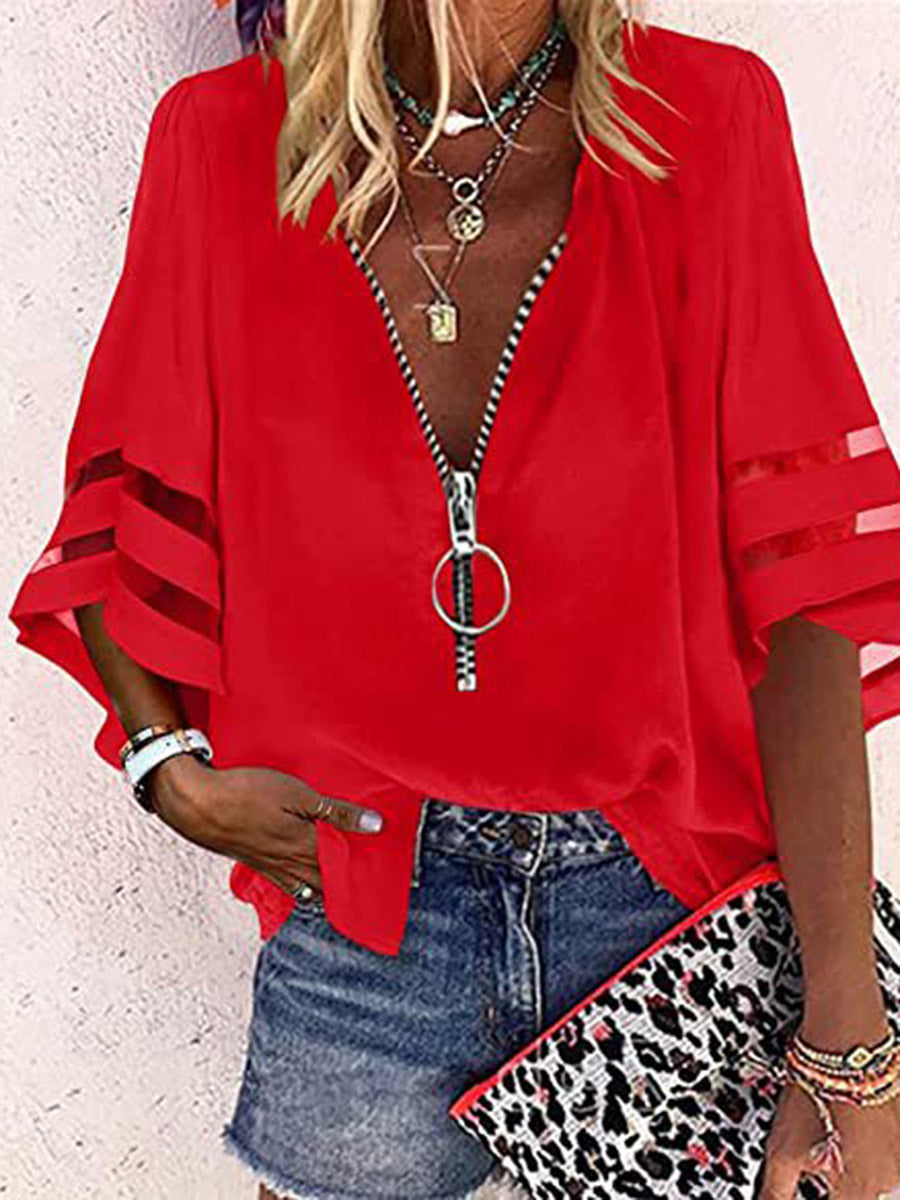 Loose Seven-Quarter Sleeves Hollow Solid Color Split-Joint Zipper Stand Collar Blouses&Shirts Tops