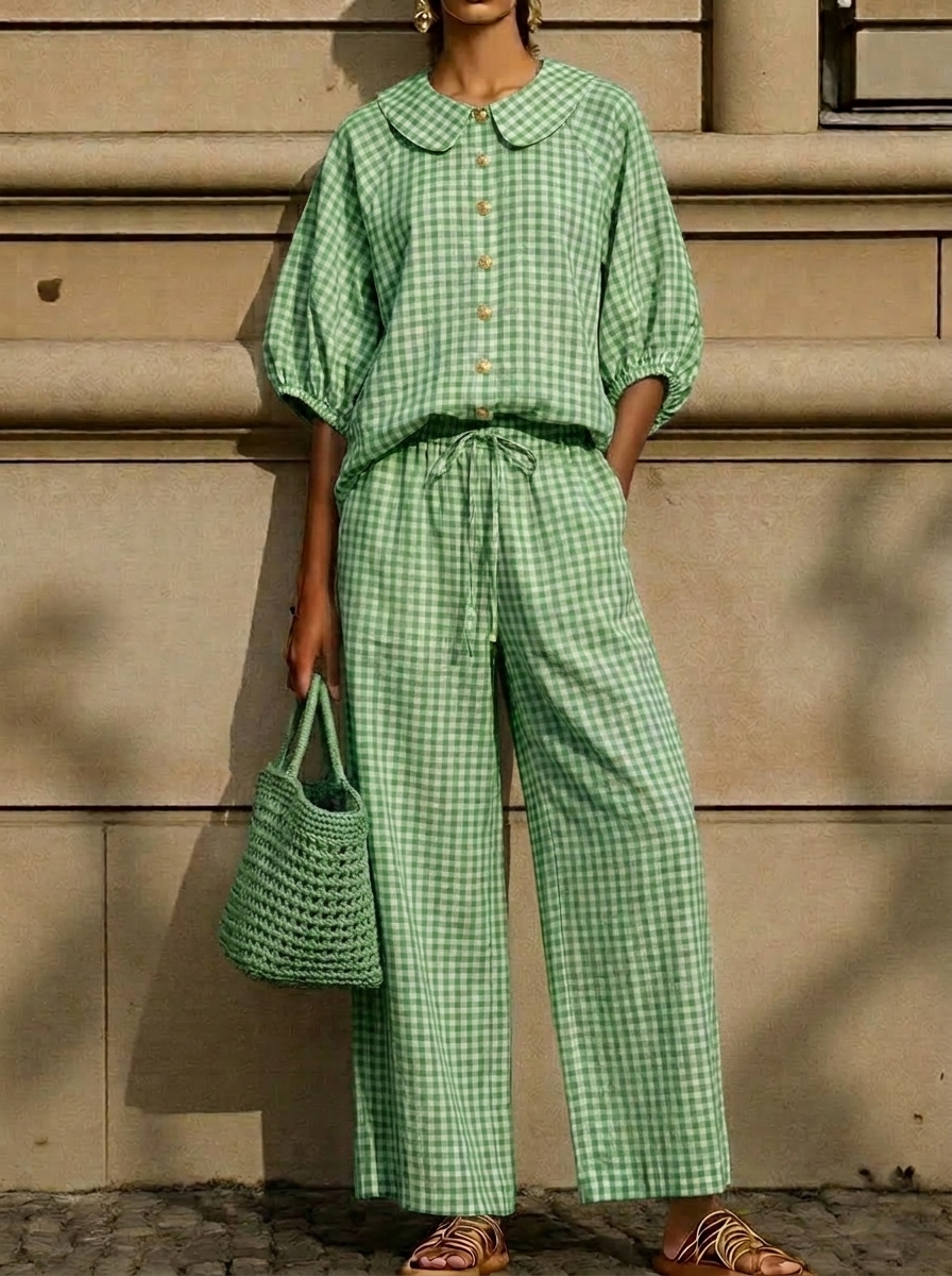 – Today 49% off🔥Women’s Cotton Linen Gingham Peter Pan Collar Two-Piece Set