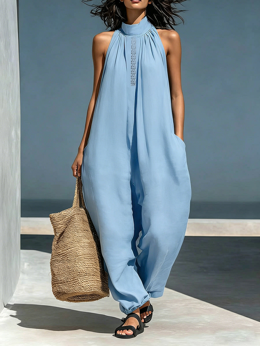 Loose Sleeveless Hollow Pockets Solid Color Mock Neck Jumpsuits