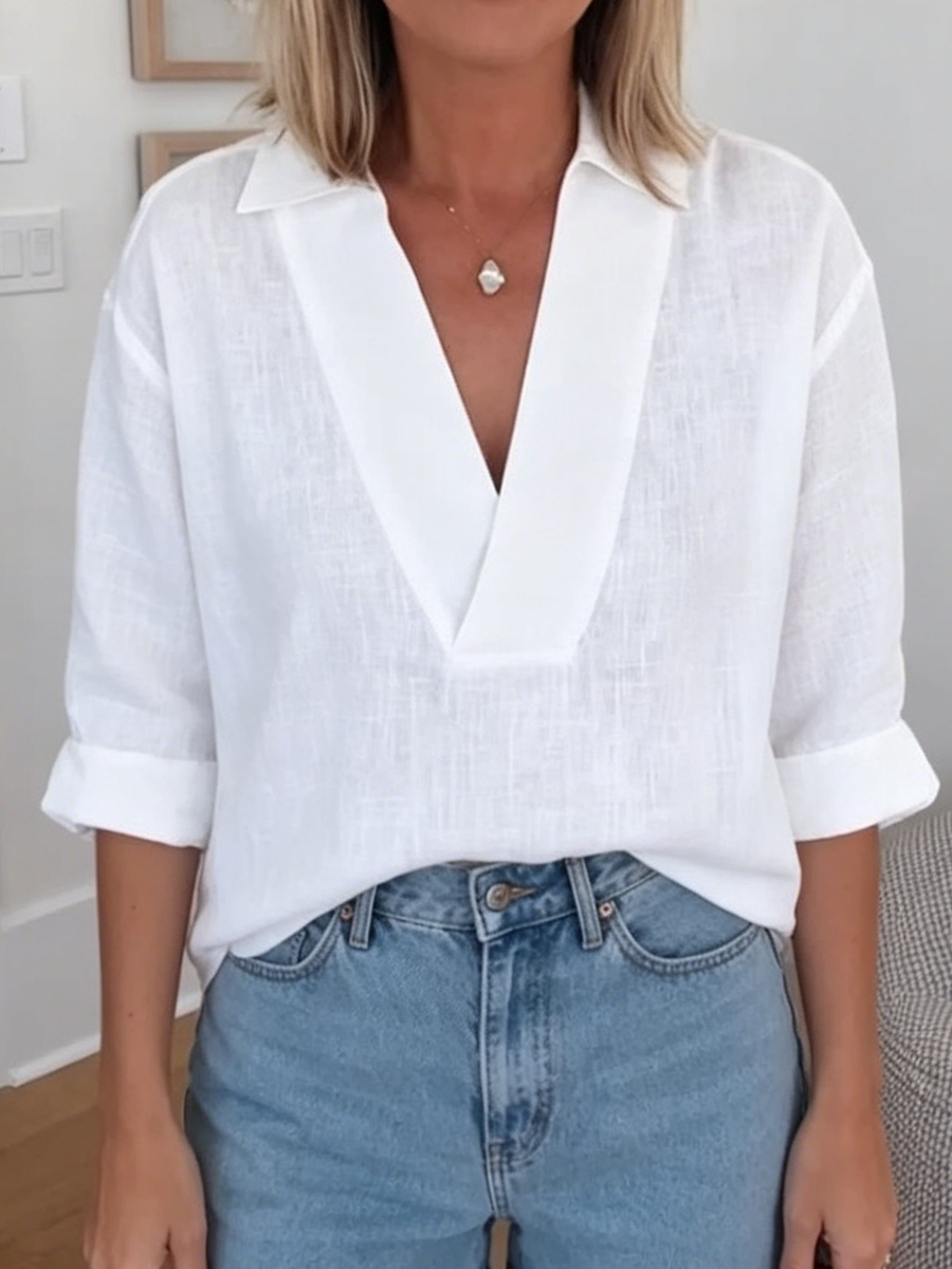 Minimalist & Cozy V-neck Cotton-linen Blouse