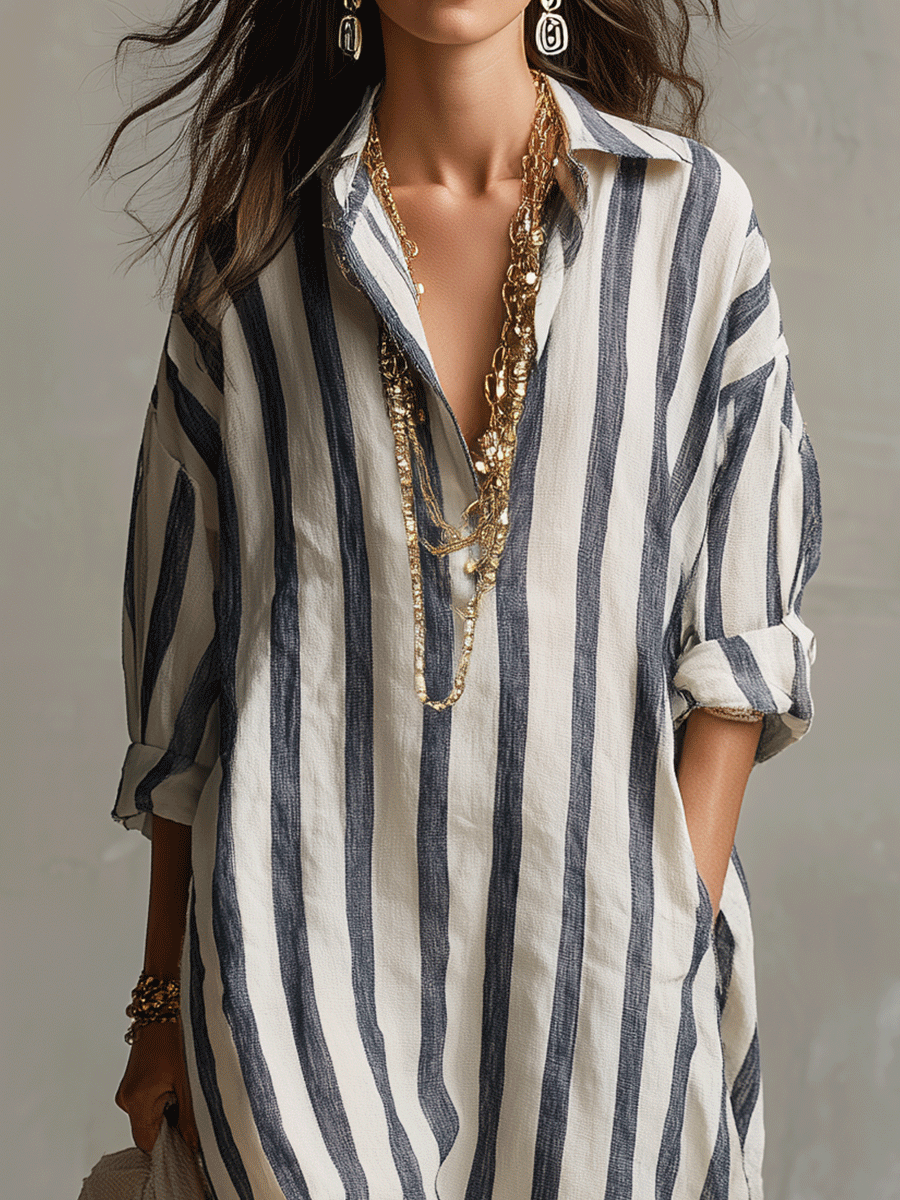 🛒  Casual Striped Shirt Bohemian Style Maxi Dress🎁 Buy 2 Free Shipping!