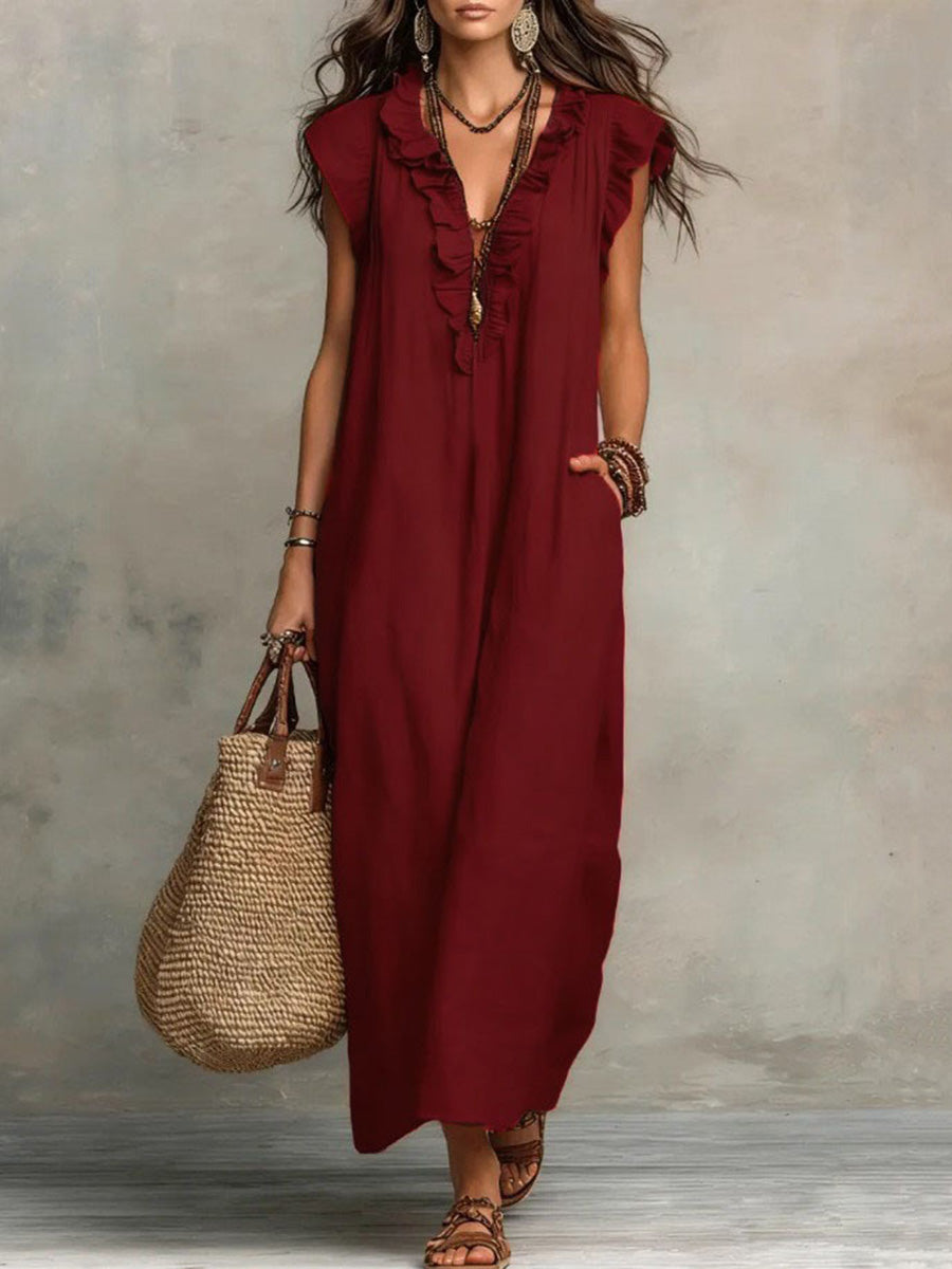 Loose Plus Size Pockets Ruffle Trim Solid Color V-Neck Maxi Dresses