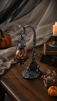 🎃 Gothic Pumpkin Lantern Stand | Warm Orange LED Glow, Victorian Skull Details & Haunted Shelf Decor 🕯️