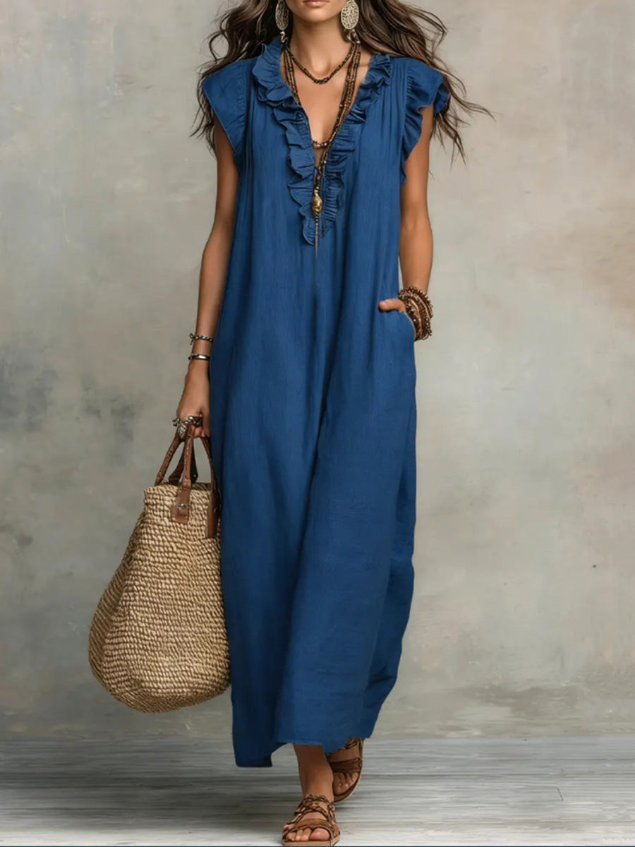 Loose Plus Size Pockets Ruffle Trim Solid Color V-Neck Maxi Dresses