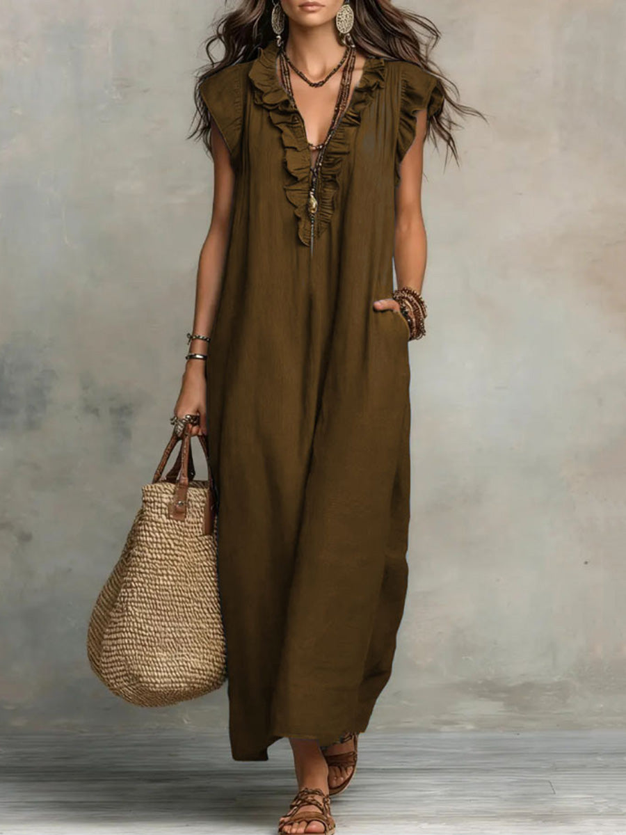 Loose Plus Size Pockets Ruffle Trim Solid Color V-Neck Maxi Dresses