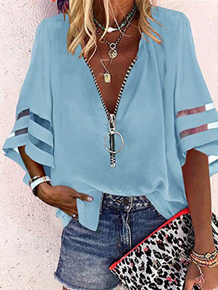 Loose Seven-Quarter Sleeves Hollow Solid Color Split-Joint Zipper Stand Collar Blouses&Shirts Tops
