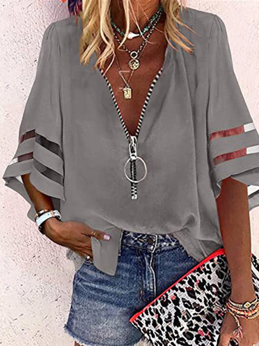 Loose Seven-Quarter Sleeves Hollow Solid Color Split-Joint Zipper Stand Collar Blouses&Shirts Tops