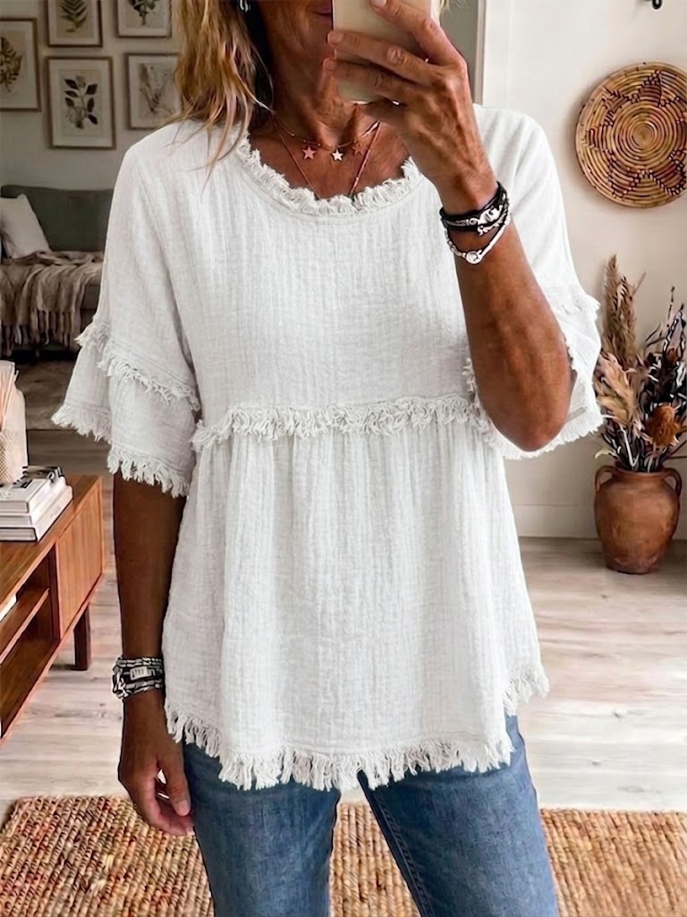Vintage Frayed Cotton Linen Babydoll Top