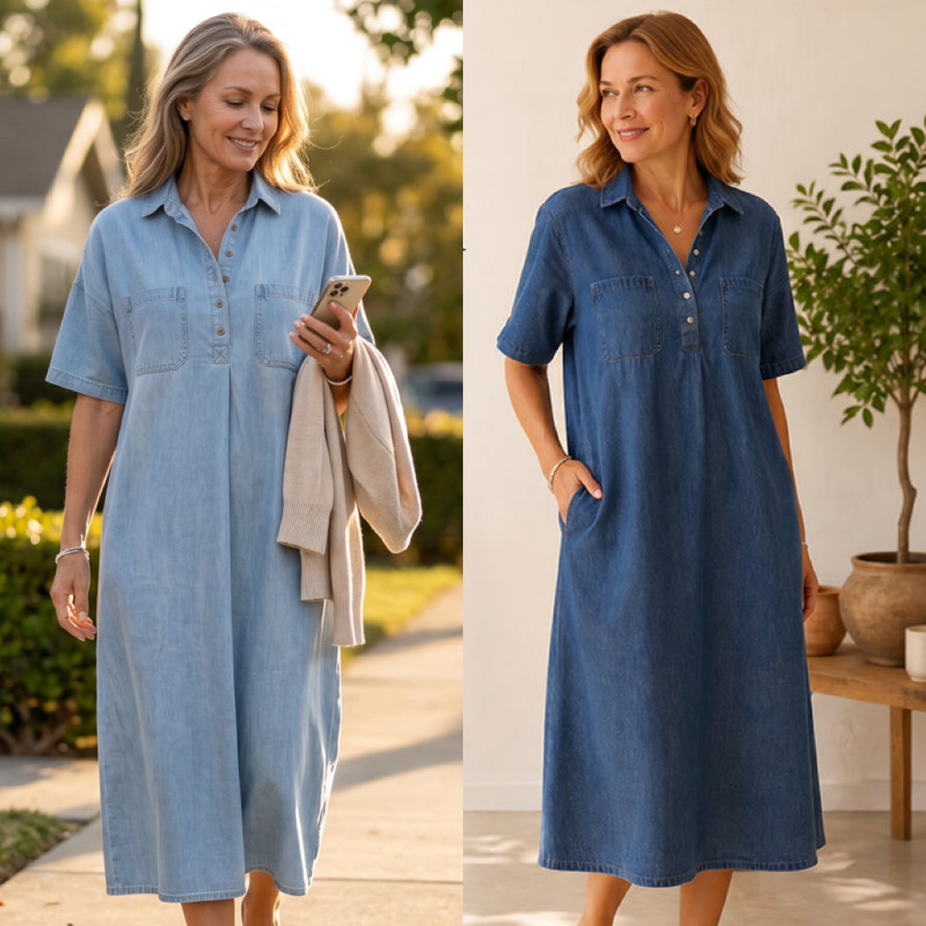 ⏰Limited Time:50%OFF🔥New Arrival🔥 Casual Pocket Denim Midi Shirt Dress👗