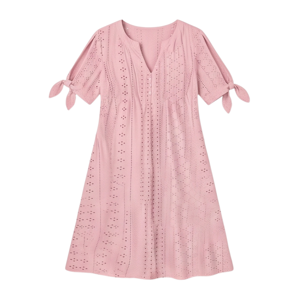 –Eyelet Midi Dress with Tie-Bow Sleeves