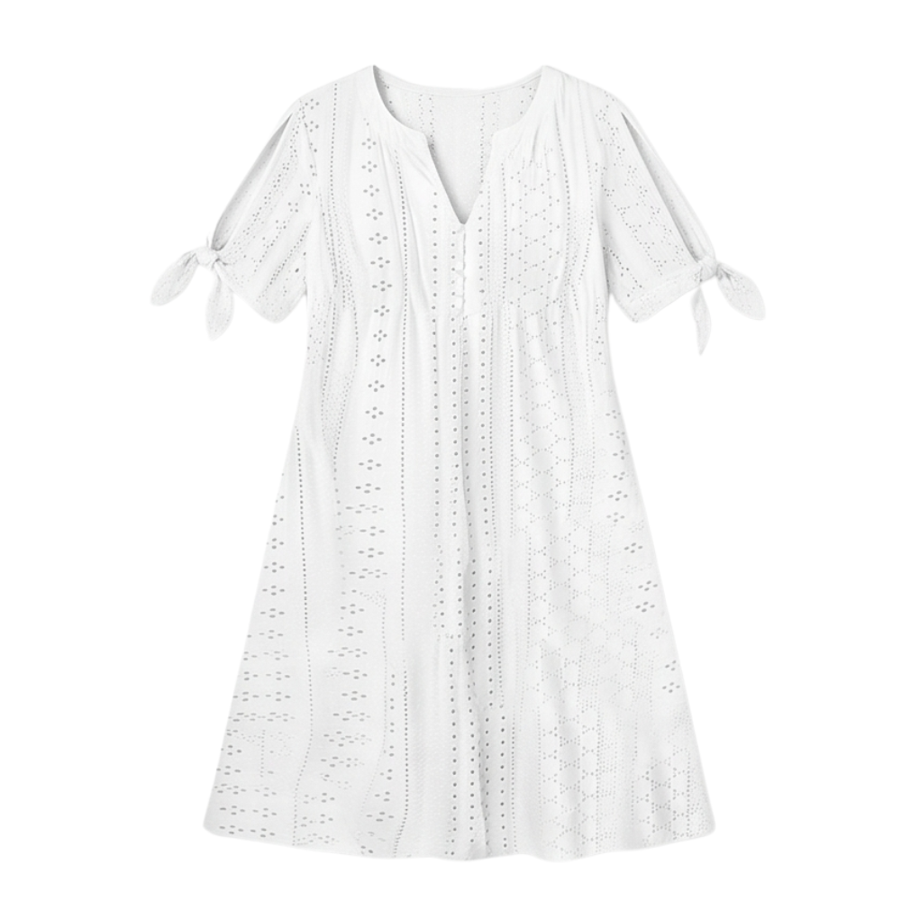 –Eyelet Midi Dress with Tie-Bow Sleeves