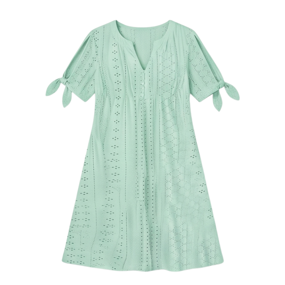 –Eyelet Midi Dress with Tie-Bow Sleeves