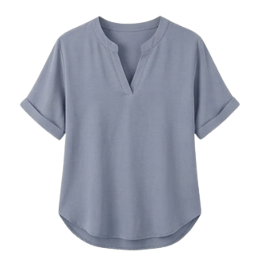 – Wovena™ – Breezy V Neck Blouse with Curved Hem