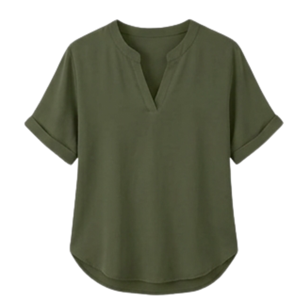 – Wovena™ – Breezy V Neck Blouse with Curved Hem