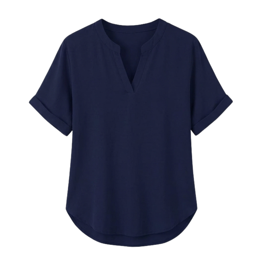 – Wovena™ – Breezy V Neck Blouse with Curved Hem