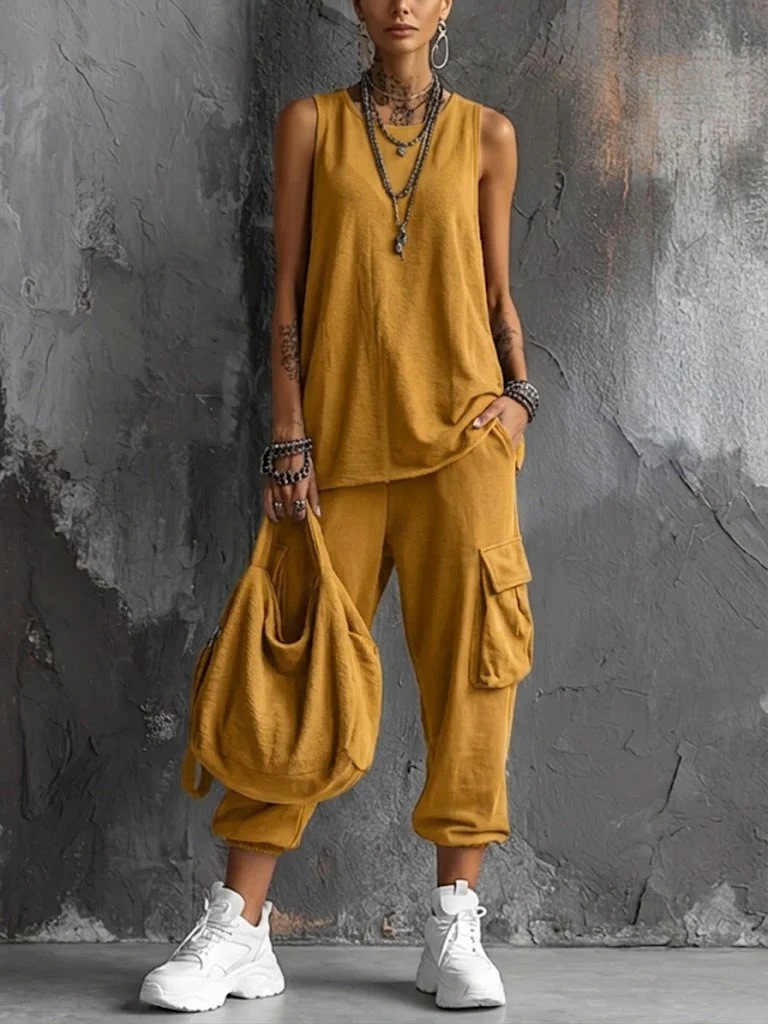 Hot Sale❤️Casual Street-style Sleeveless Cotton T-shirt And Pants Two-piece Set