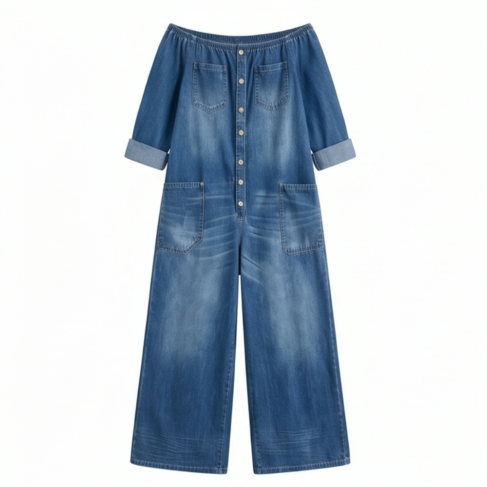 – Soluna™ Off-Shoulder Wide Leg Denim Jumpsuit