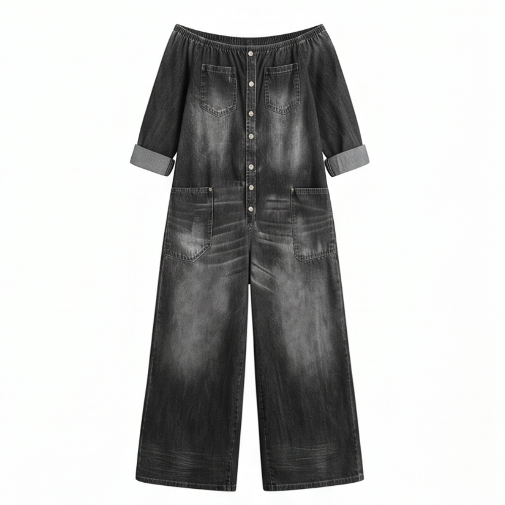 – Soluna™ Off-Shoulder Wide Leg Denim Jumpsuit