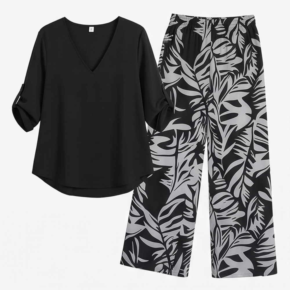 – Lark & Palm™ – V-Neck Top & Leaf-Print Wide-Leg Pants Set