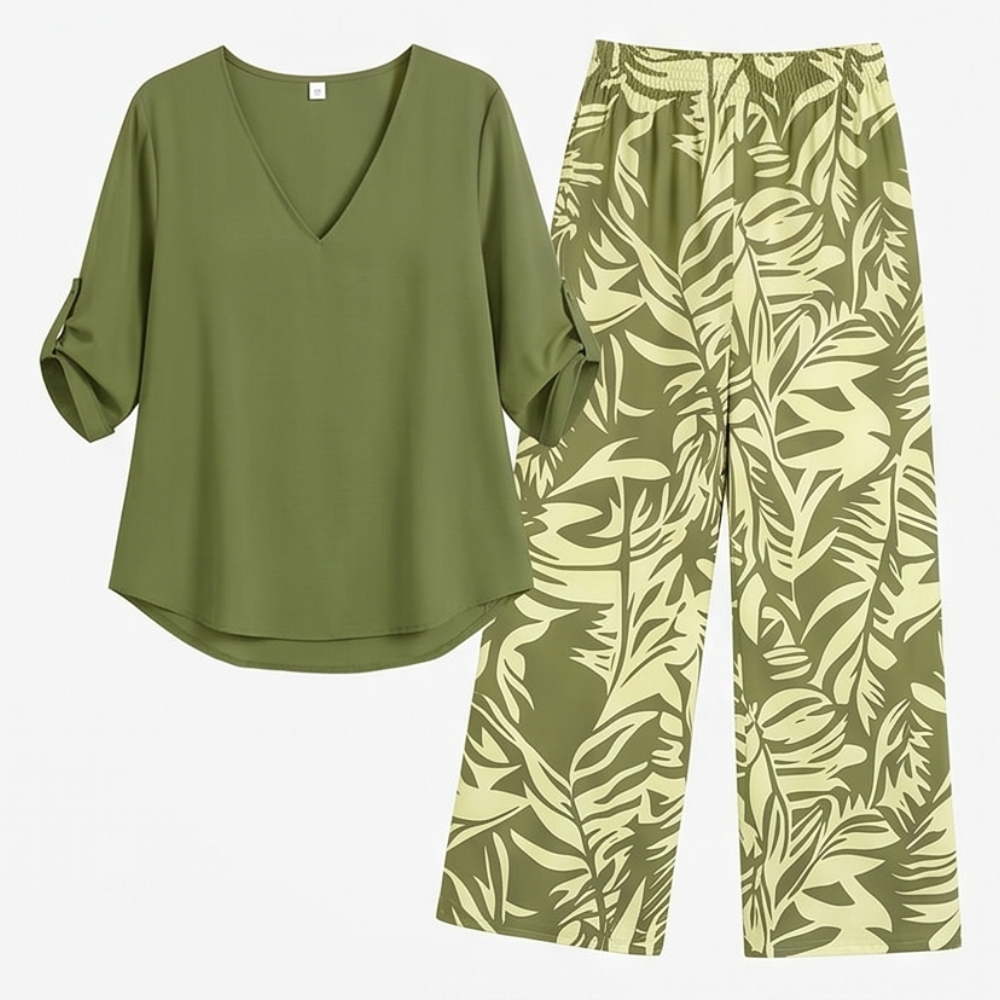 – Lark & Palm™ – V-Neck Top & Leaf-Print Wide-Leg Pants Set